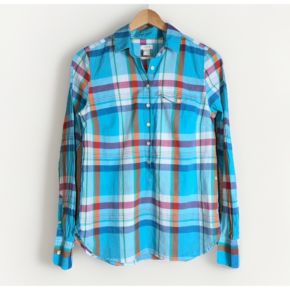 J Crew Women's Half Button Down Shirt XS Blue Plaid Lightweight Long Sleeve - Picture 1 of 4